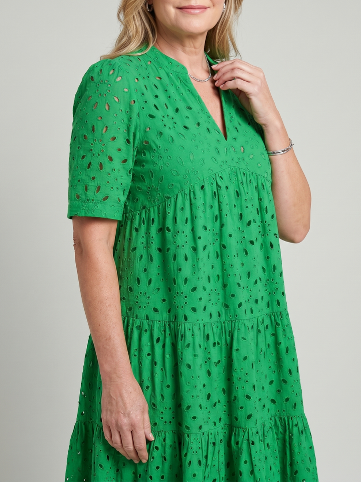 Nicolette | Short Sleeve Eyelet Detail Knee Length Dress