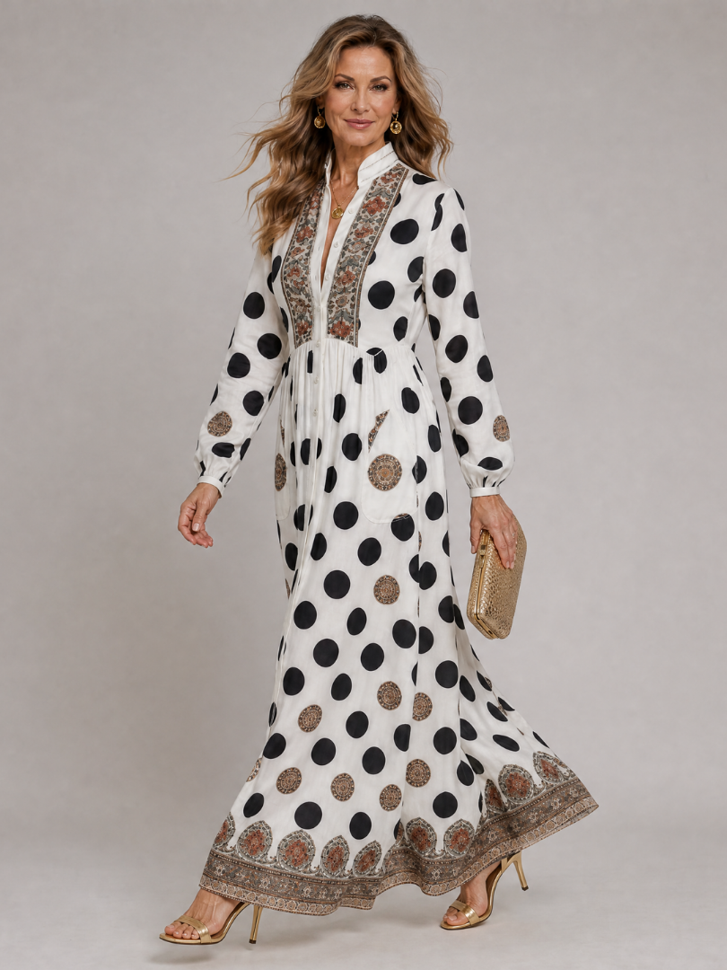 Mujen | Polka Dot Embroidered V Neck Midi Dress