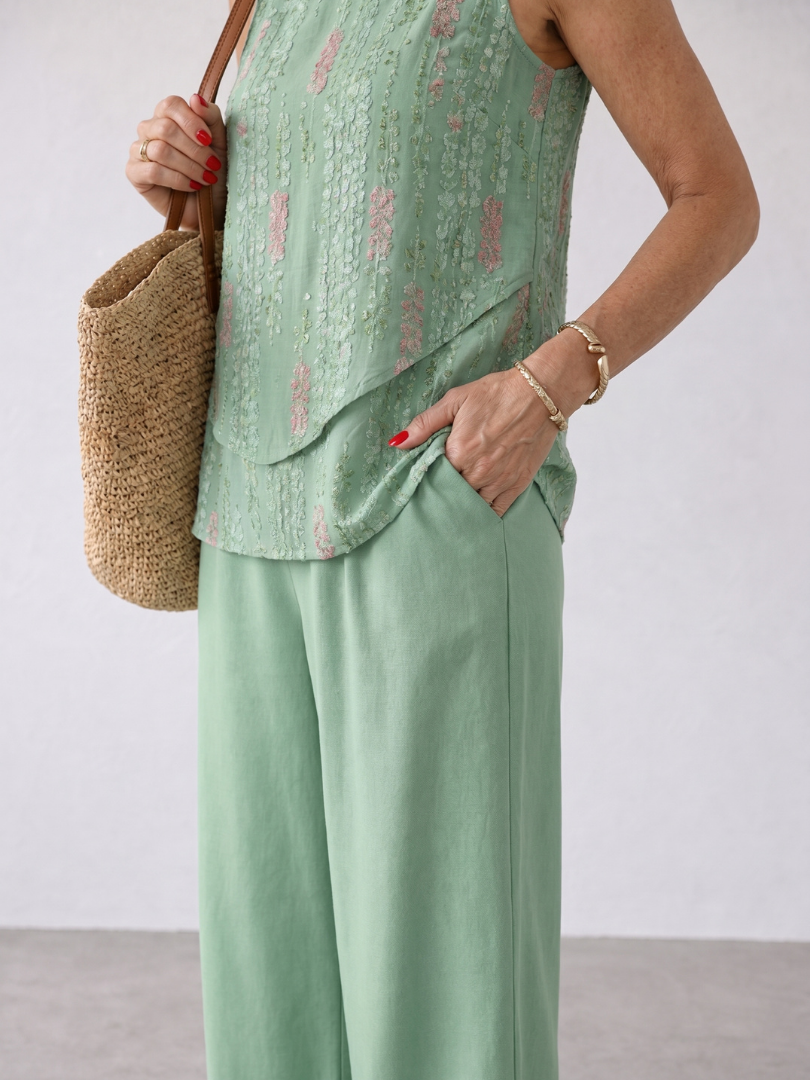 Bethany | Embroidered Tank Top And Wide Leg Pants Set
