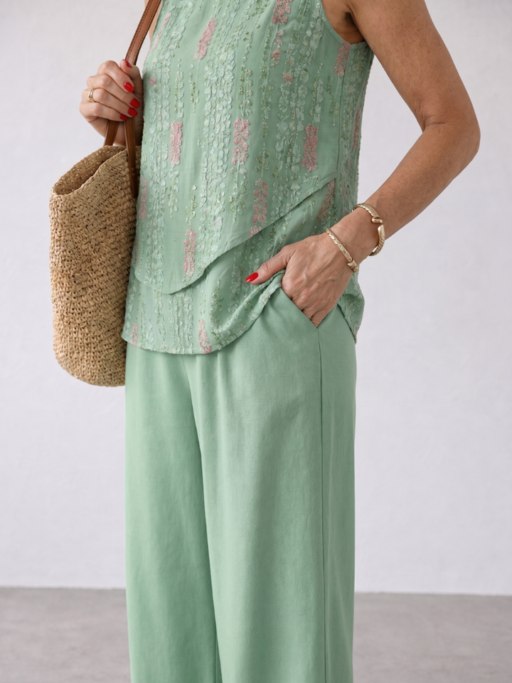 Bethany | Embroidered Tank Top And Wide Leg Pants Set