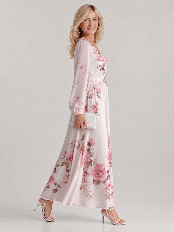 Emina | Floral V Neck Long Sleeve Midi Dress