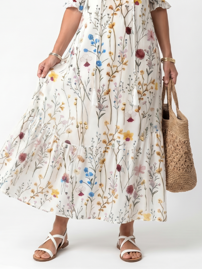 Sylvie | Botanical Print Tassel Tie Midi Dress