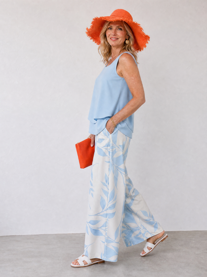 Quinton | Layered Tank Top And Leaf Print Wide Leg Pants Set