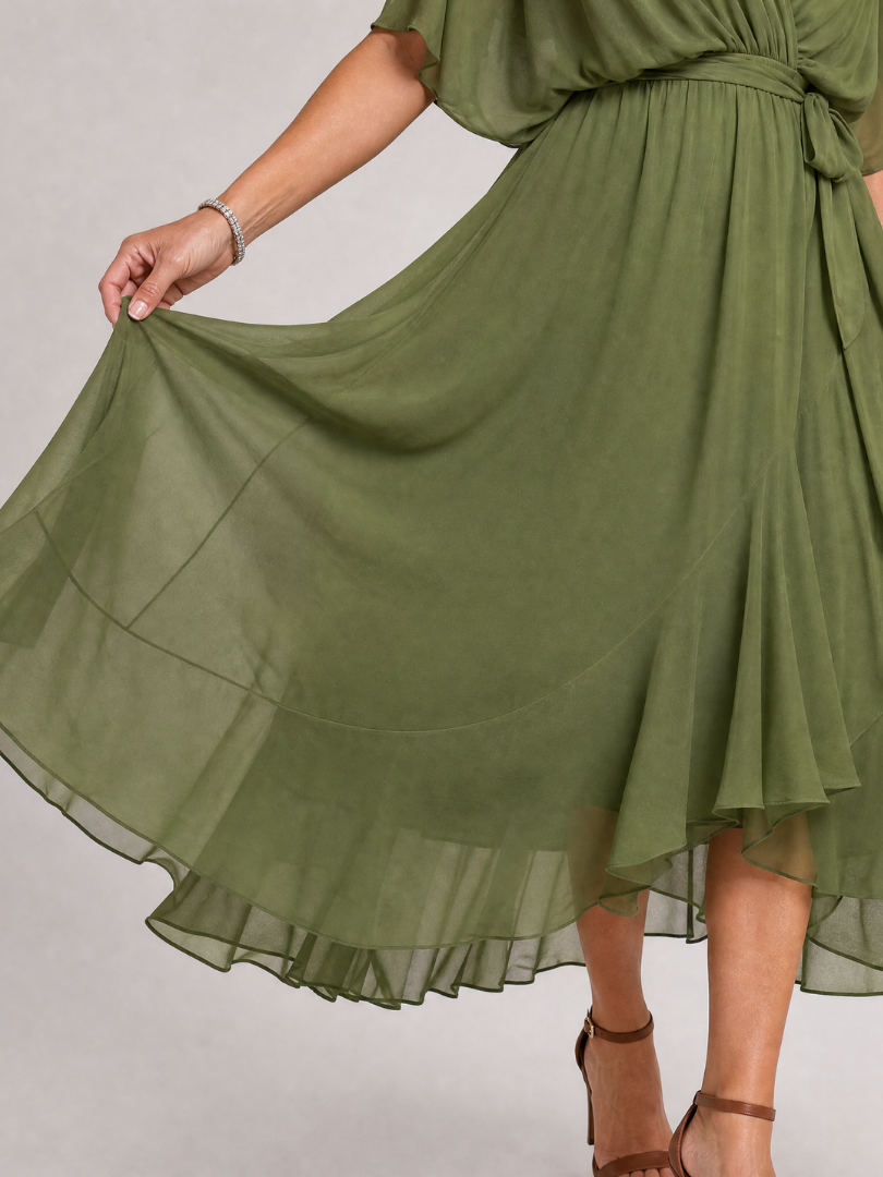 Maristella | Draped V Neck Tie Waist Midi Dress
