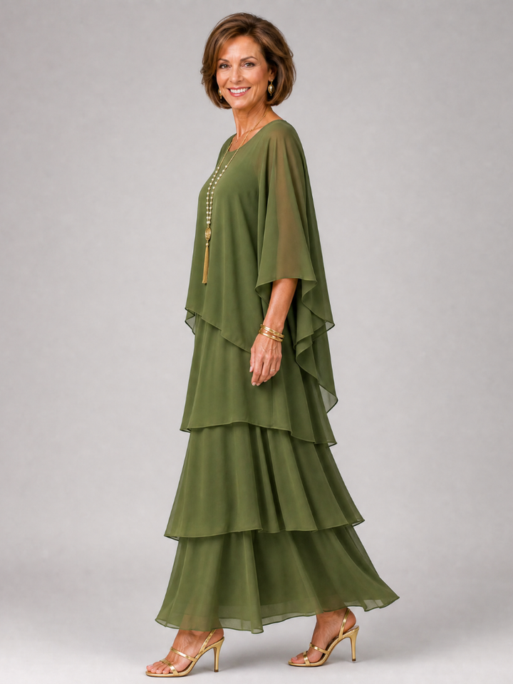 Arianwen | Layered Chiffon Round Neck Midi Dress