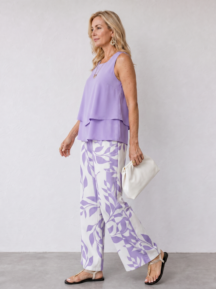 Reagan | Layered Tank Top And Leaf Print Pants Set