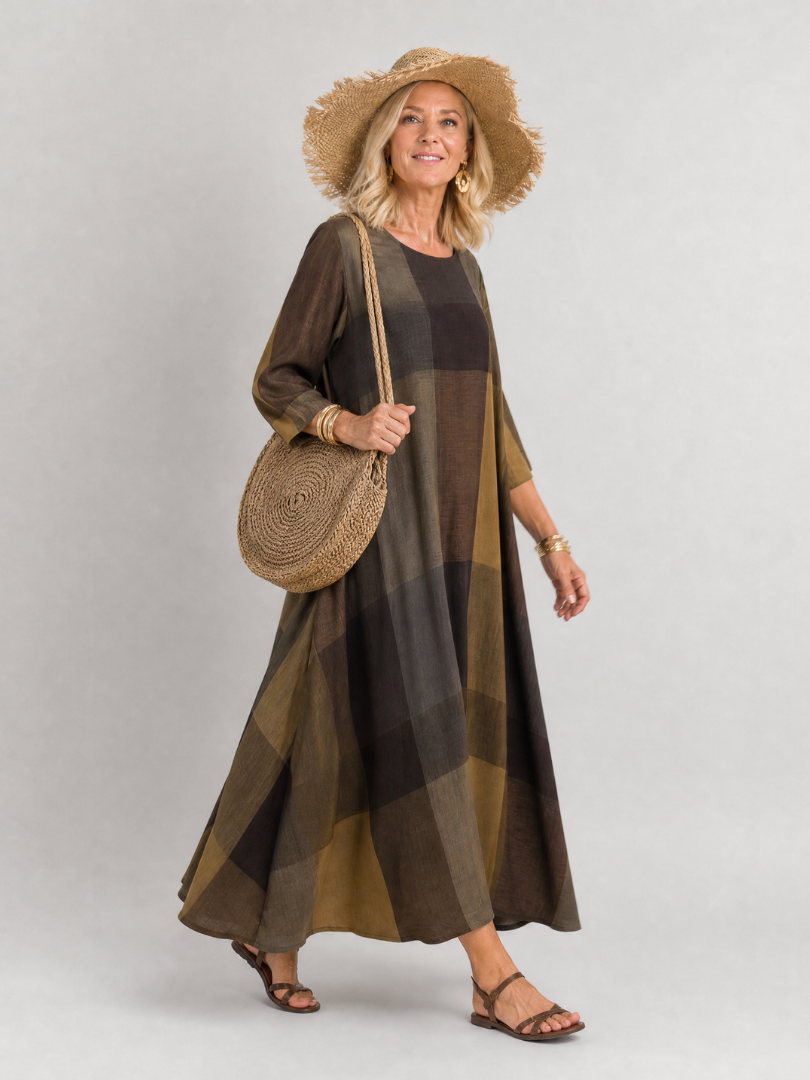 Omino | Plaid Round Neck Midi Dress