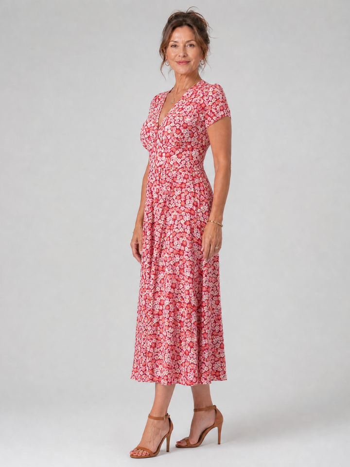 Bailey | Floral V Neck Short Sleeve Midi Dress