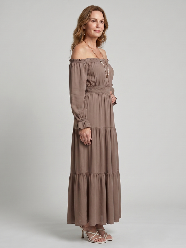 Anora | Off Shoulder Side Slit Midi Dress