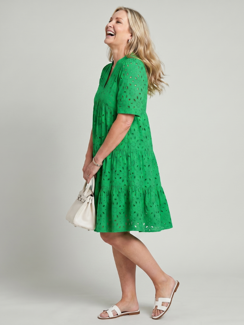 Nicolette | Short Sleeve Eyelet Detail Knee Length Dress