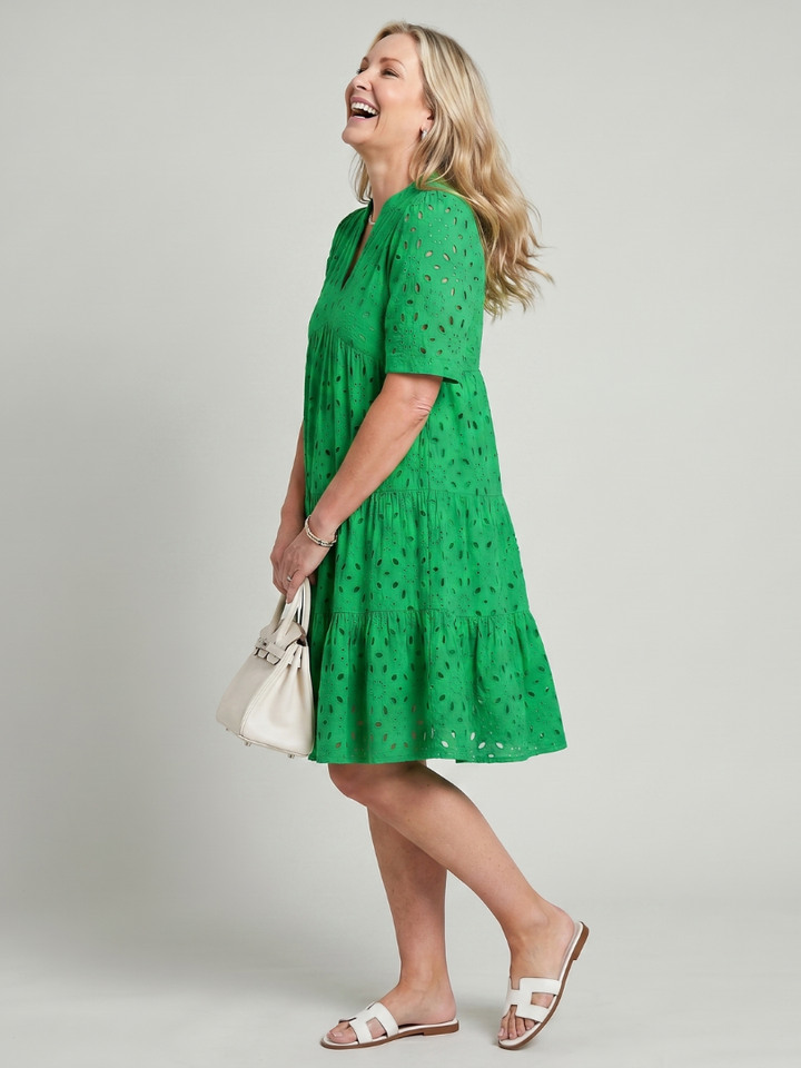 Nicolette | Short Sleeve Eyelet Detail Knee Length Dress