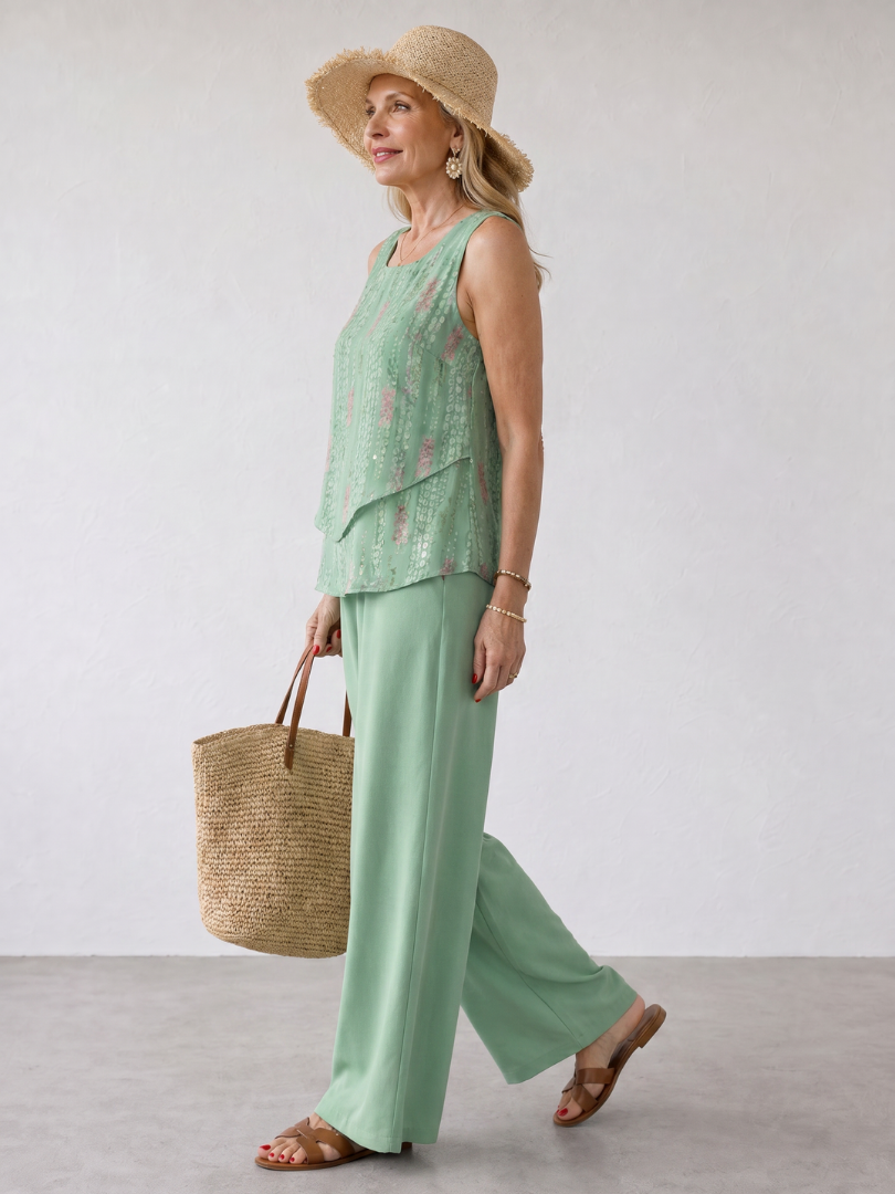 Bethany | Embroidered Tank Top And Wide Leg Pants Set
