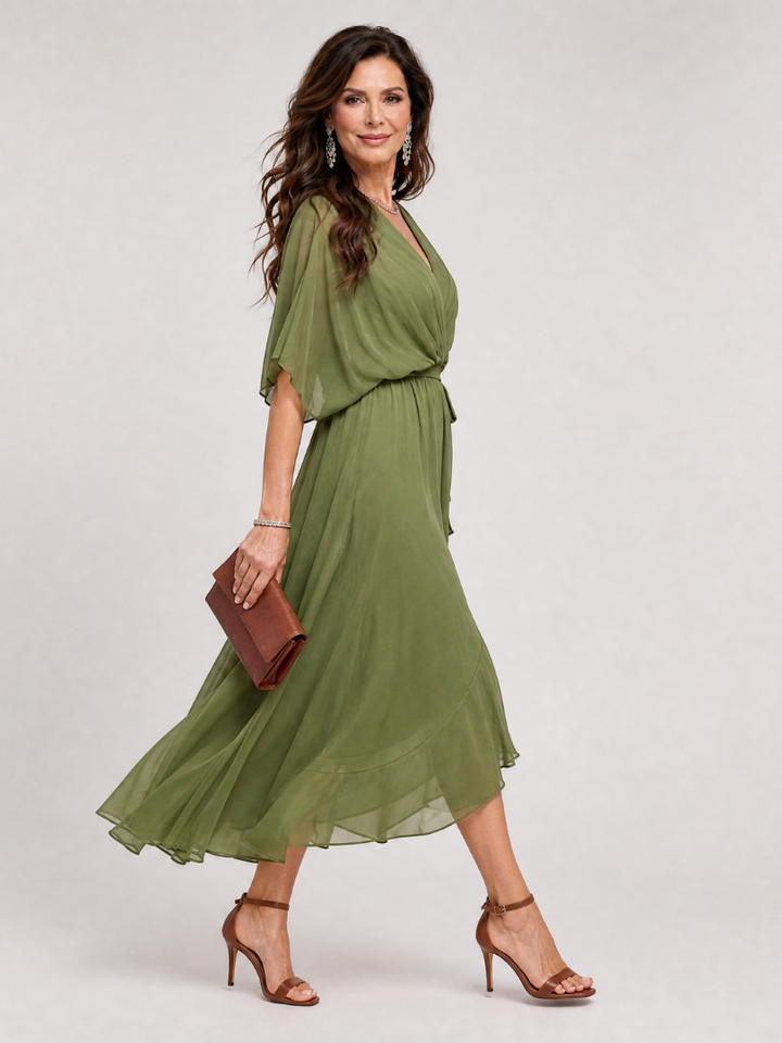 Maristella | Draped V Neck Tie Waist Midi Dress