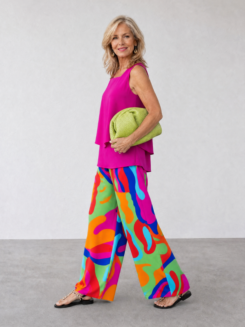 Skylar | Layered Tank Top And Abstract Wide Leg Pants Set