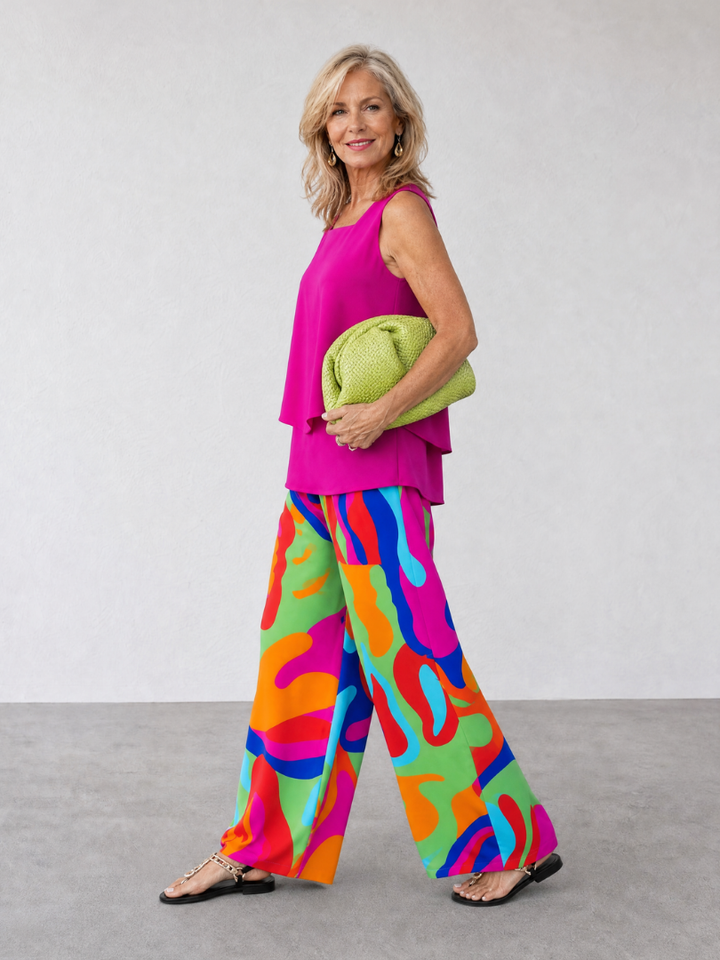Skylar | Layered Tank Top And Abstract Wide Leg Pants Set
