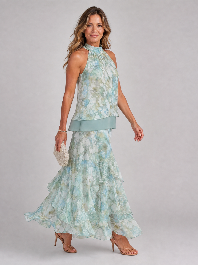 Lilou | Watercolor Halter Neck Tiered Midi Dress