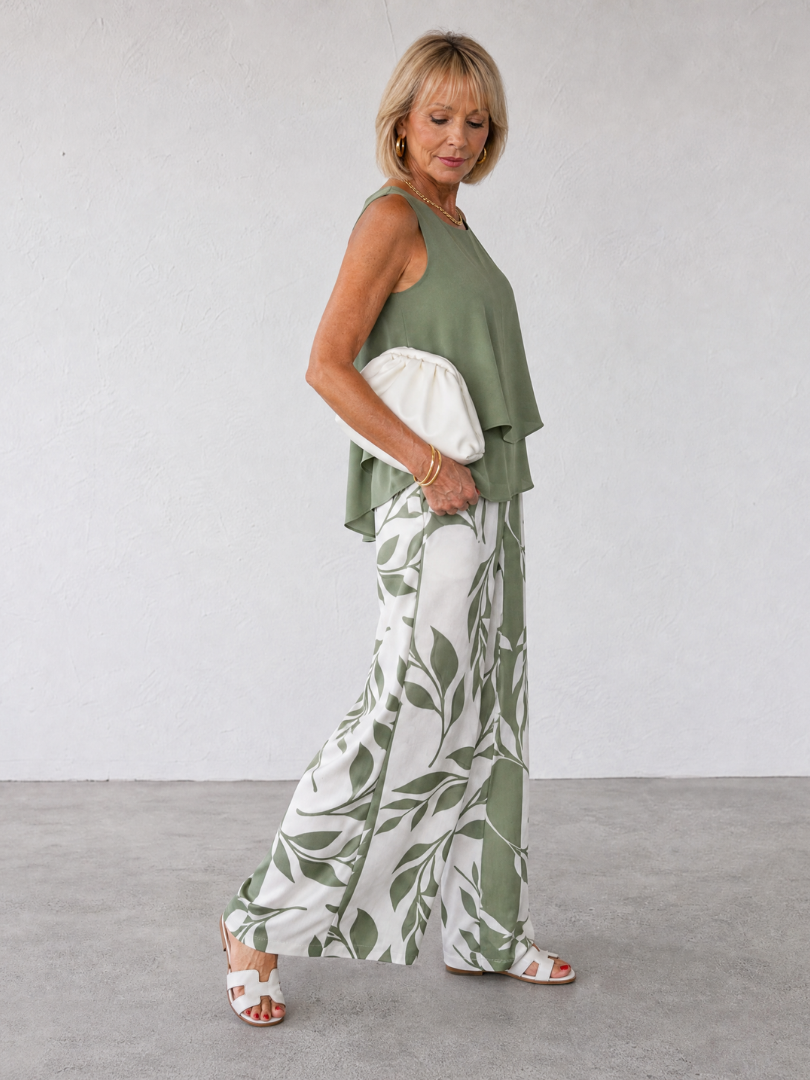 Piper | Layered Tank Top And Leaf Print Pants Set
