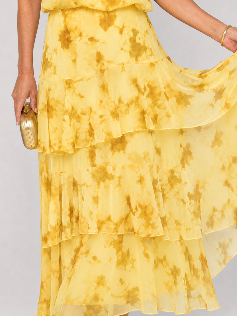 Astraea | Strapless Layered Print Midi Dress