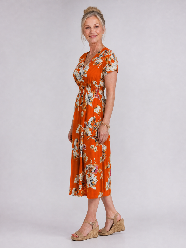 Iris | Floral V Neck Short Sleeve Midi Dress