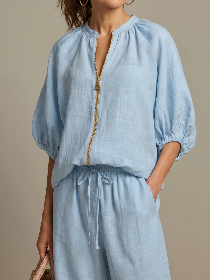 Natalia | Zip Front Blouson Top Wide Leg Set