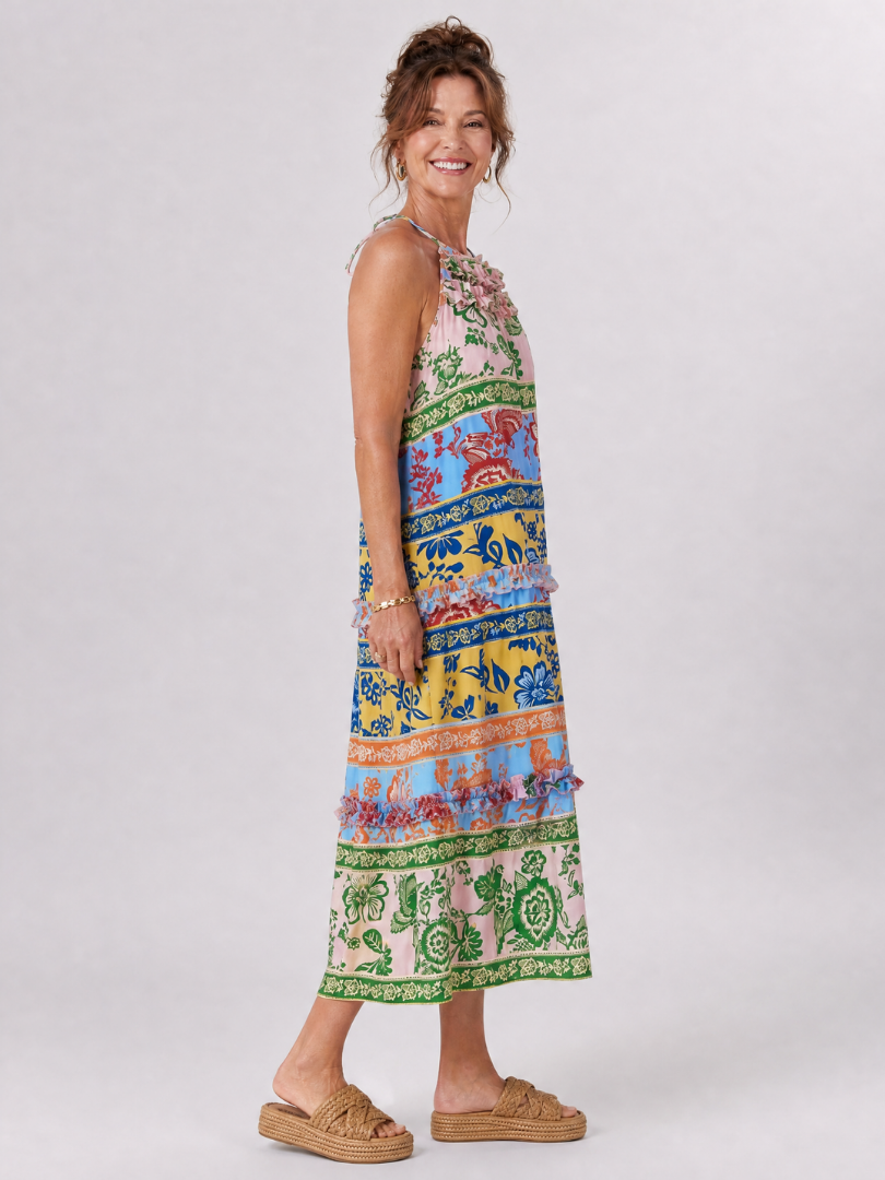 Imene | Sleeveless Mixed Print Midi Dress