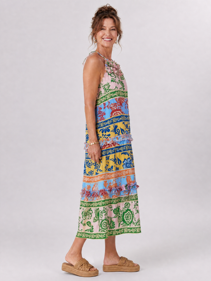Imene | Sleeveless Mixed Print Midi Dress
