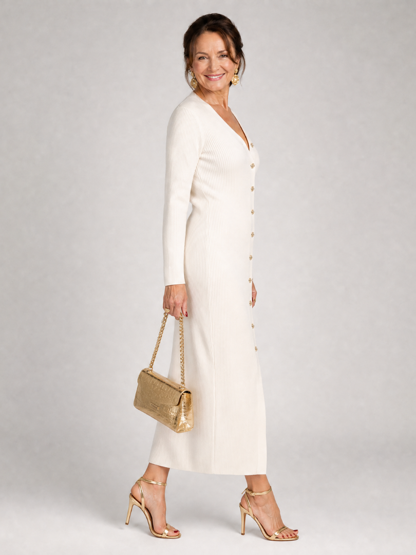 Aureva | Button Front Knit Midi Dress