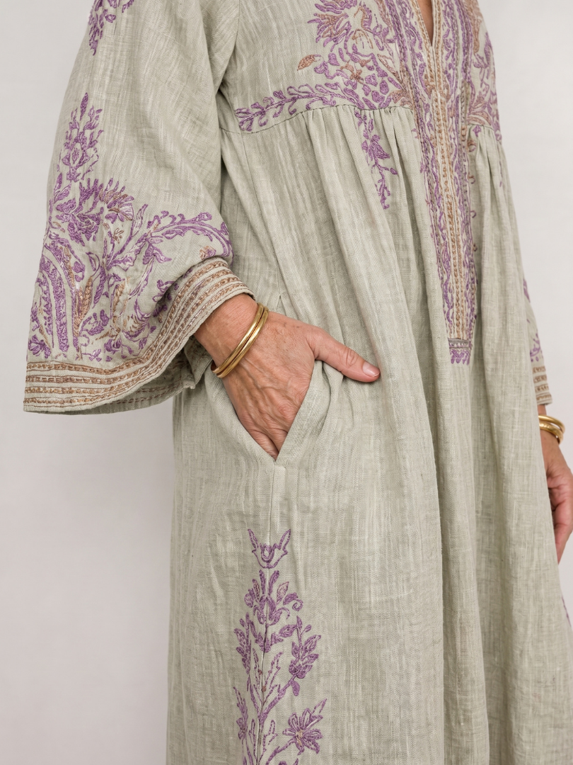 Brenda | Embroidered Three Quarter Sleeve Midi Dress