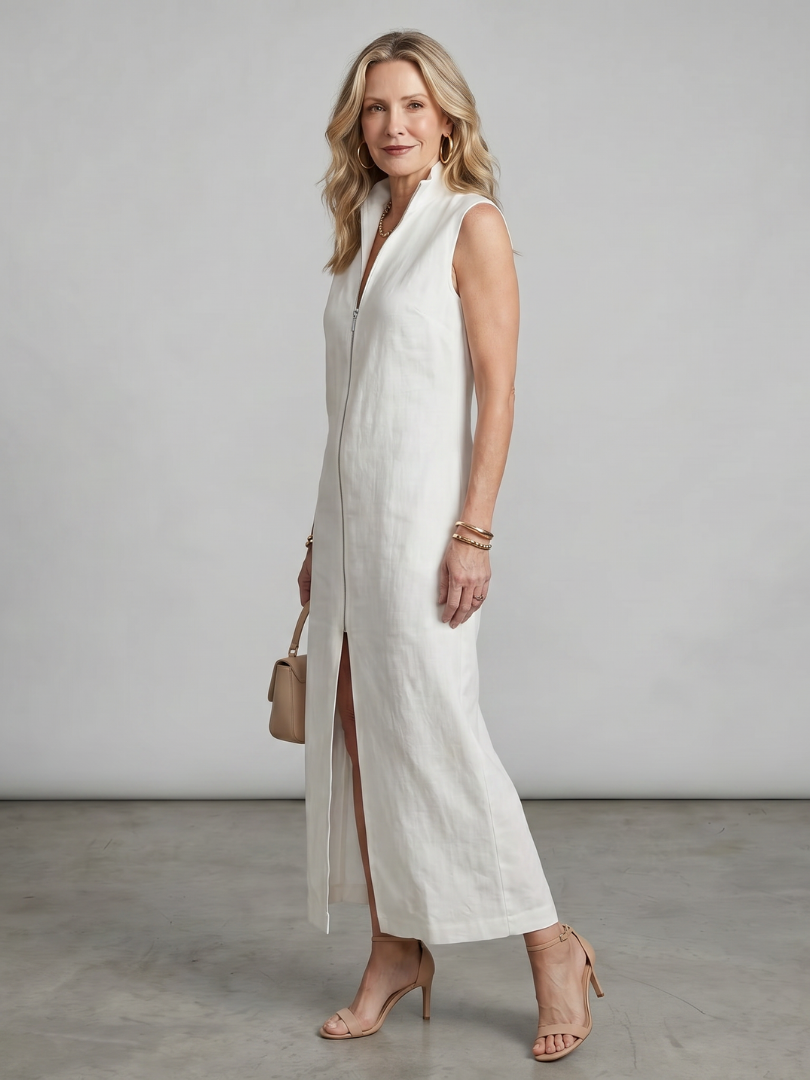 Olive | High Collar Front Slit Midi Dress