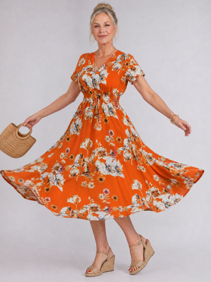 Iris | Floral V Neck Short Sleeve Midi Dress