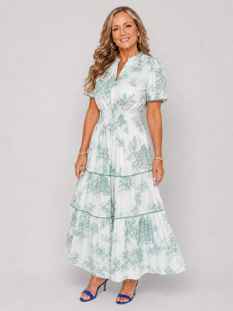 Seraphine | Printed Short Sleeve Tiered Midi Dress