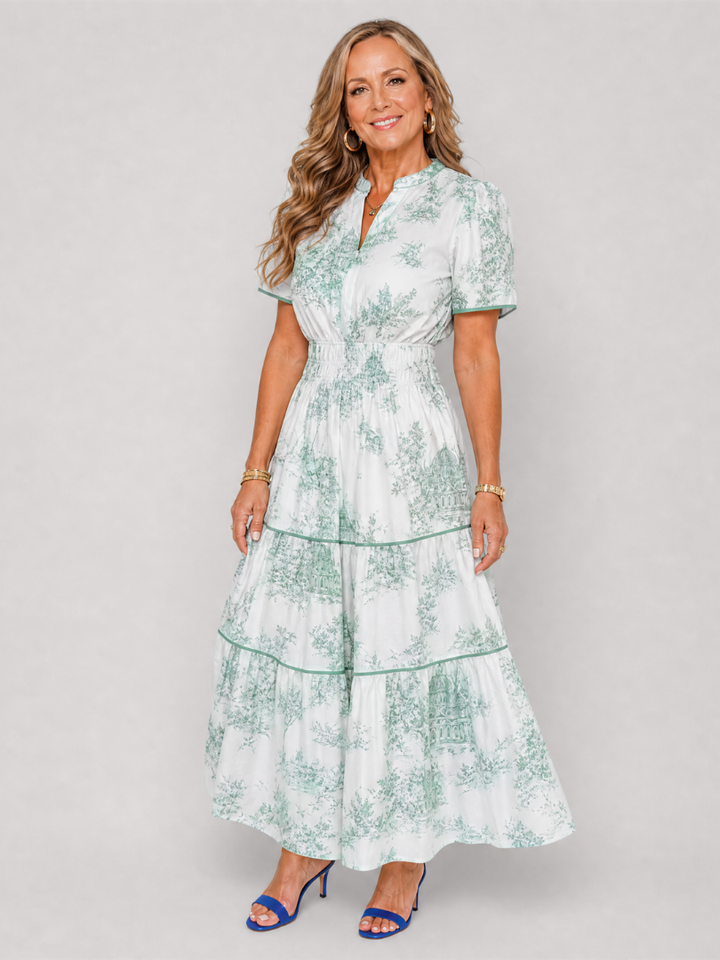 Seraphine | Printed Short Sleeve Tiered Midi Dress