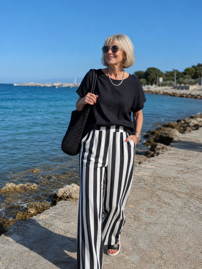 Zoey | Short Sleeve Top And Striped Pants Set