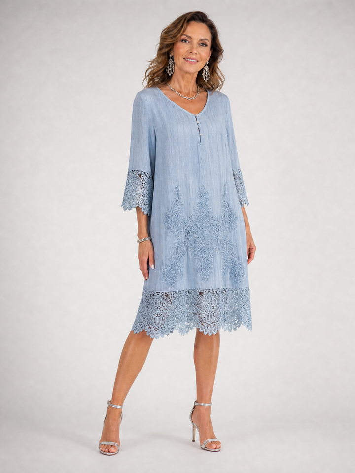 Tina | Embroidered Lace Trim Shift Midi Dress