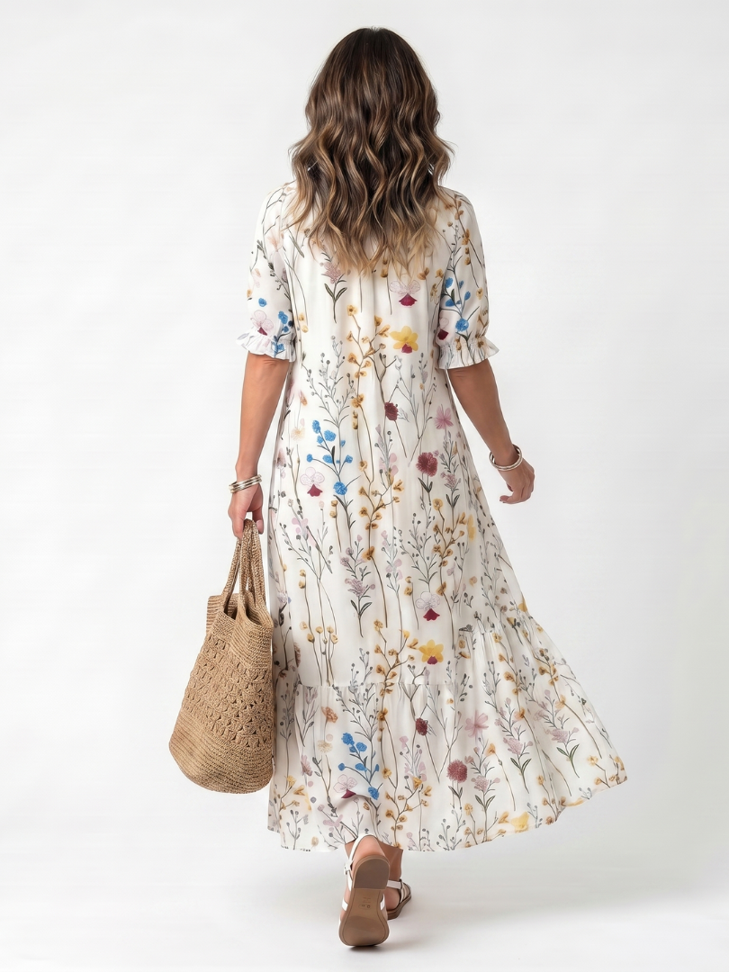 Sylvie | Botanical Print Tassel Tie Midi Dress