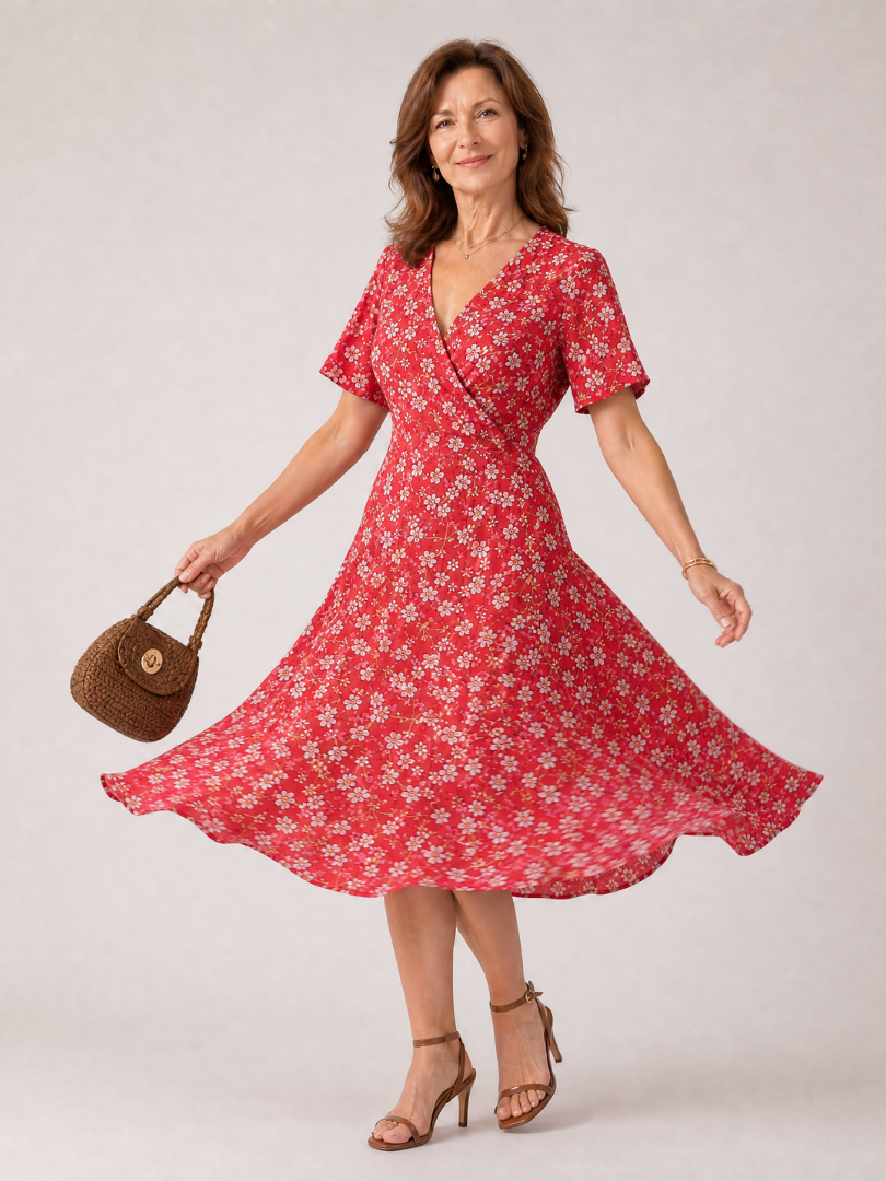 Amelia | Floral V Neck Short Sleeve Midi Dress