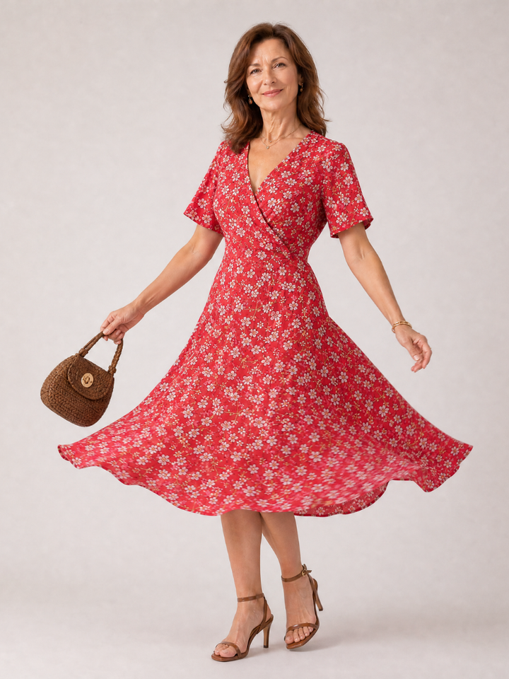 Amelia | Floral V Neck Short Sleeve Midi Dress