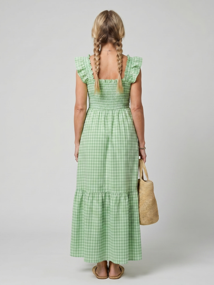 Verity | Sleeveless Square Neck Gingham Pattern Midi Dress