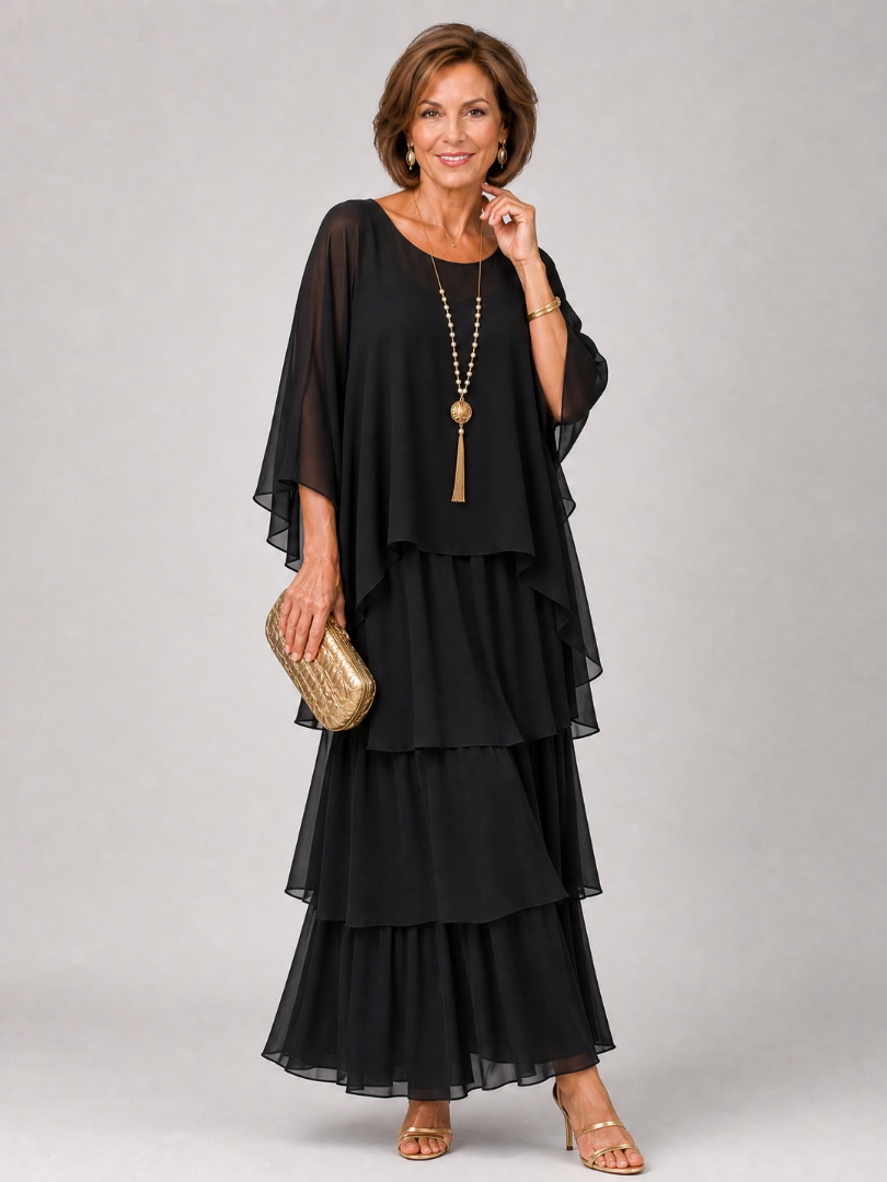 Arianwen | Layered Chiffon Round Neck Midi Dress