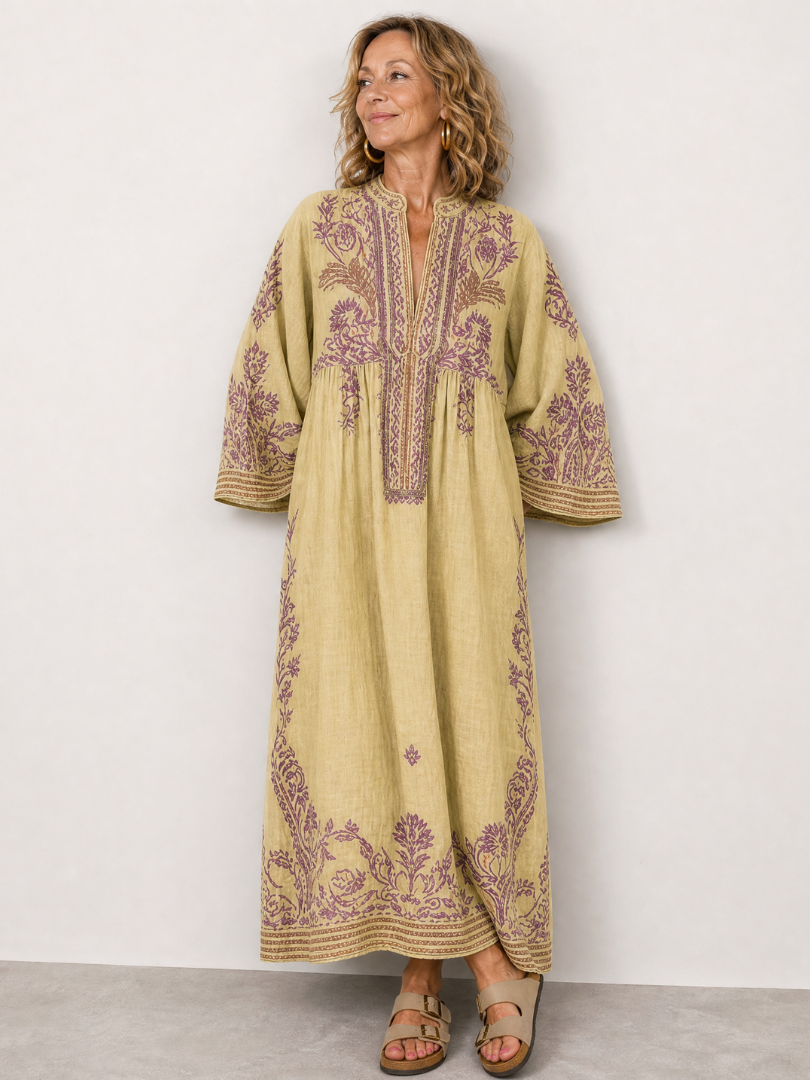 Brenda | Embroidered Three Quarter Sleeve Midi Dress