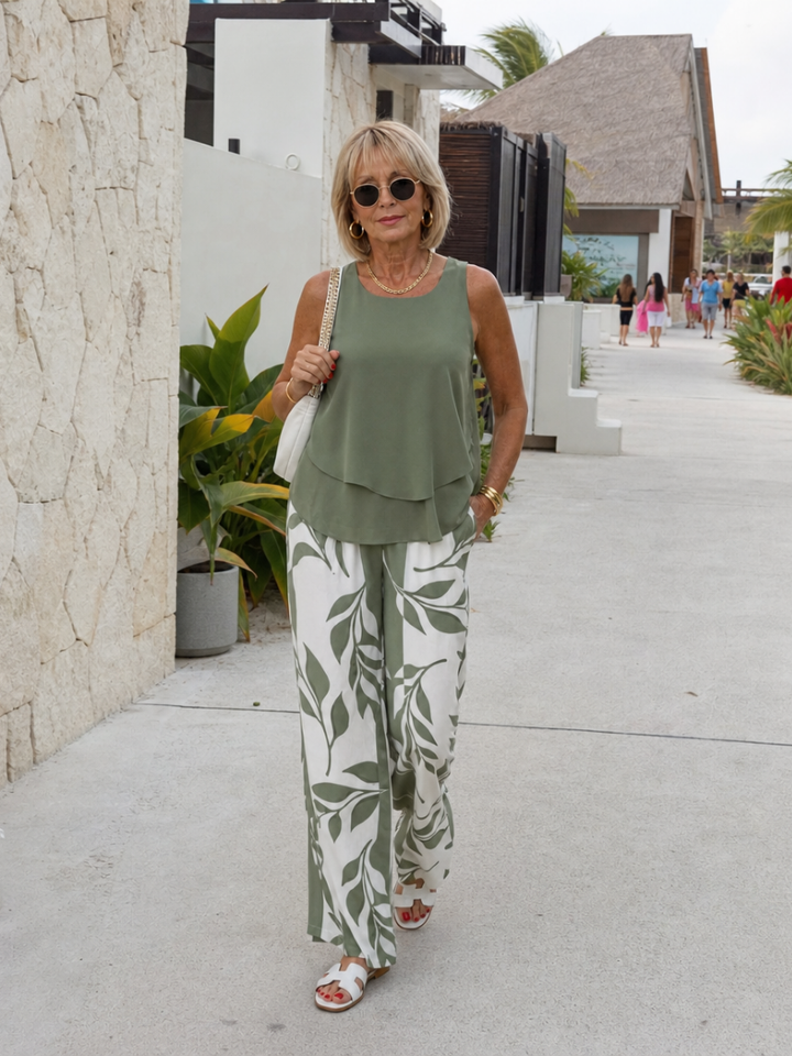 Piper | Layered Tank Top And Leaf Print Pants Set