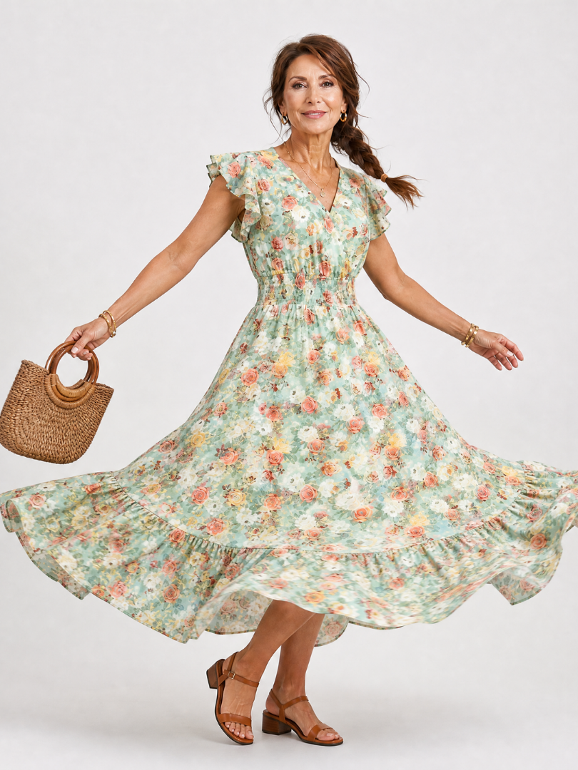 Claire | Floral Ruffle Sleeve Midi Dress