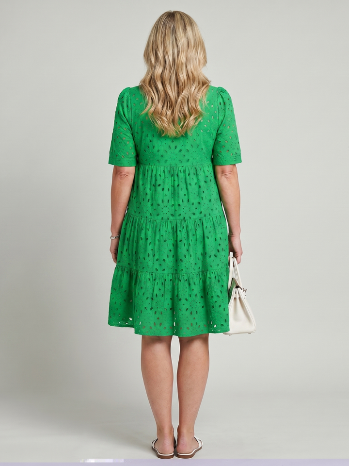 Nicolette | Short Sleeve Eyelet Detail Knee Length Dress