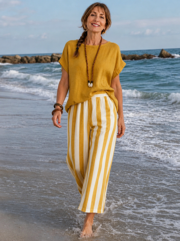 Carmen | Short Sleeve Top And Striped Pants Set