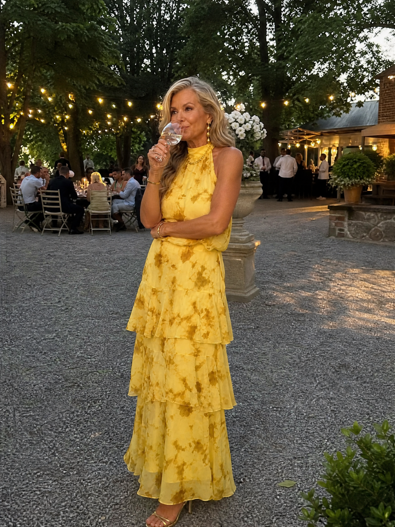 Astraea | Strapless Layered Print Midi Dress