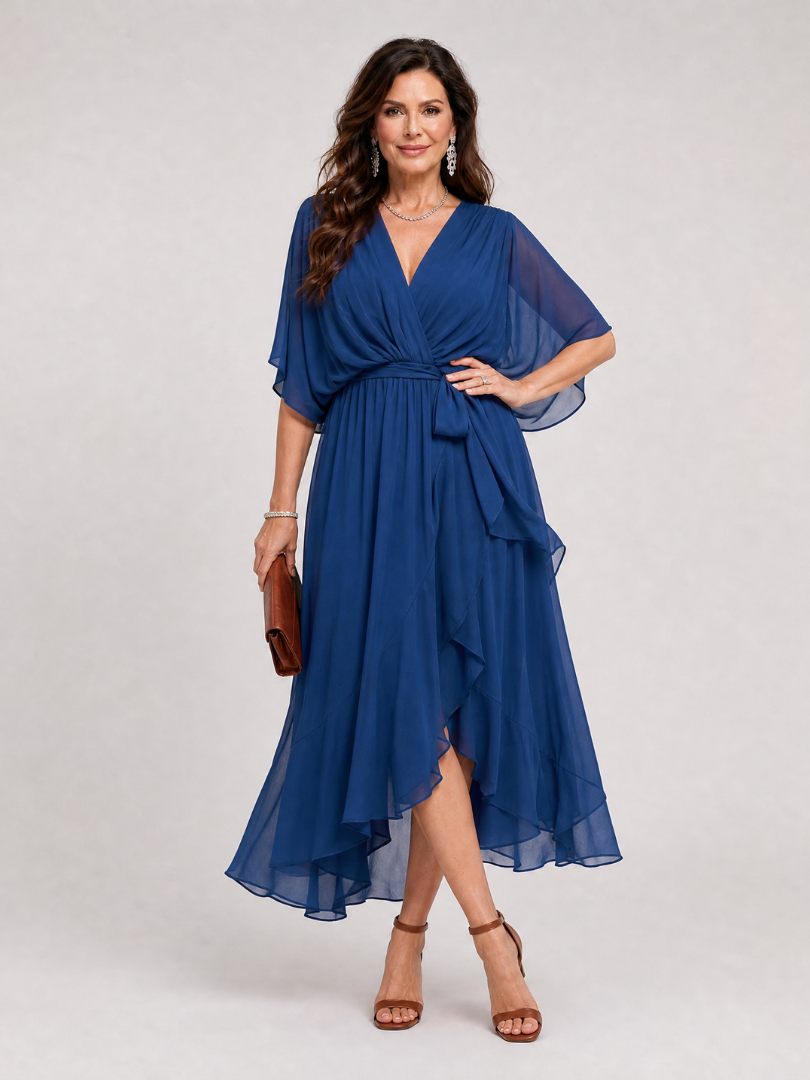 Maristella | Draped V Neck Tie Waist Midi Dress