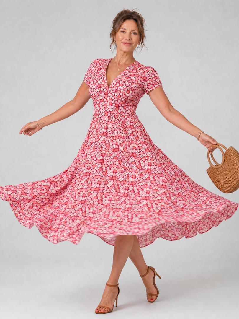 Bailey | Floral V Neck Short Sleeve Midi Dress