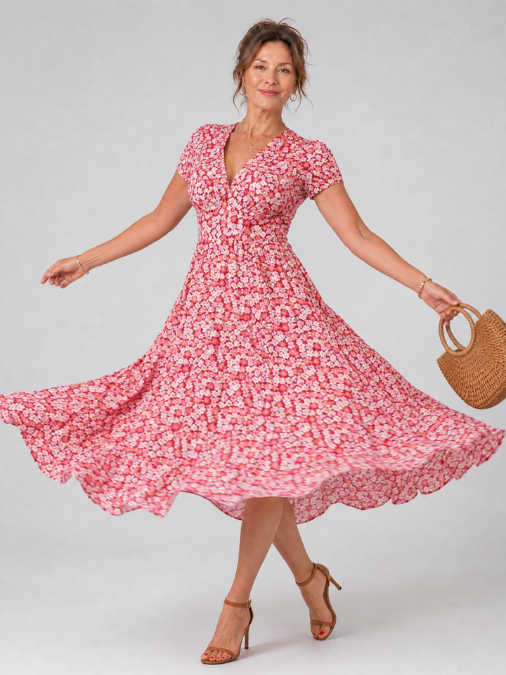 Bailey | Floral V Neck Short Sleeve Midi Dress
