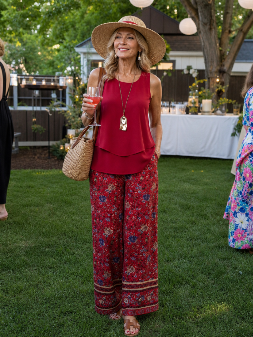 Adeline | Layered Tank Top And Floral Wide Leg Pants Set
