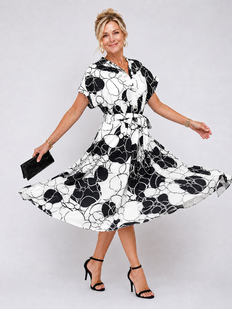 Sydney | Printed V Neck Waist Tie Midi Dress